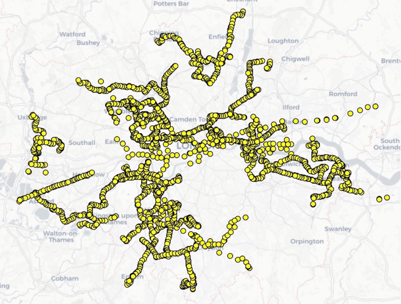 Map of Greater London covered in yellow dots marking the stops of the multimodal transit network.